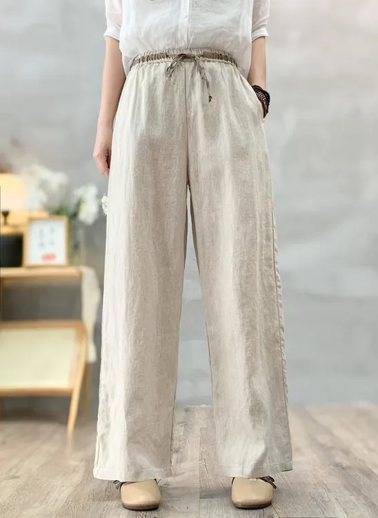 纯亚麻拼色腰头可调节直筒裤阔腿裤女装长裤