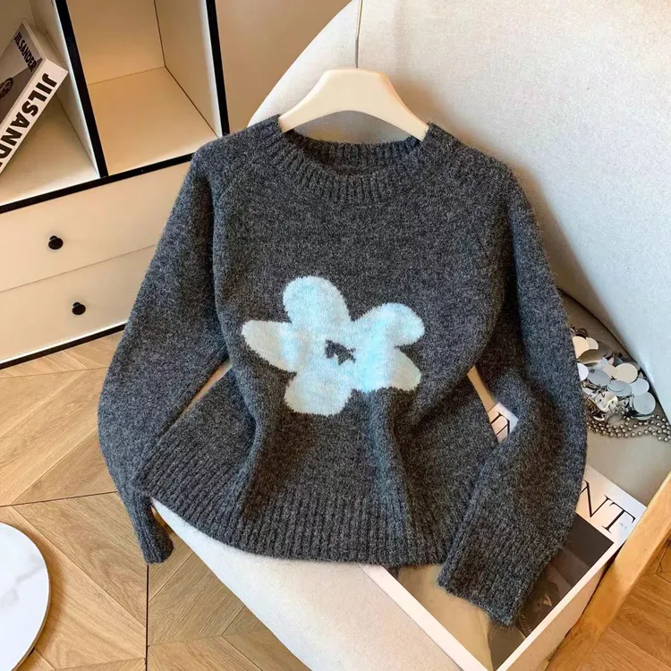 针织提花法式薄款女花朵毛针织衫网红休闲套头H880