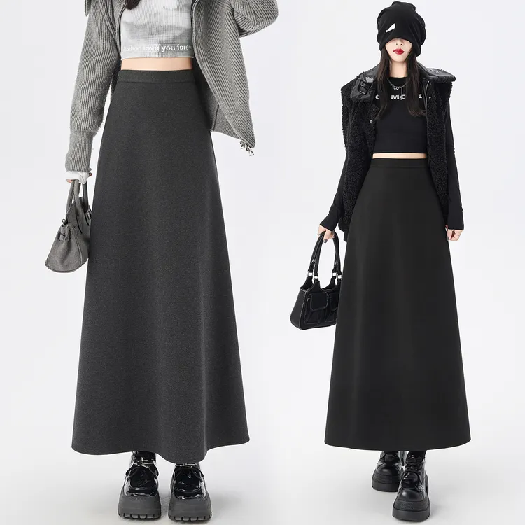 灰色毛呢半身裙女2025秋冬新款高腰显瘦a字裙中长款垂坠感伞裙子