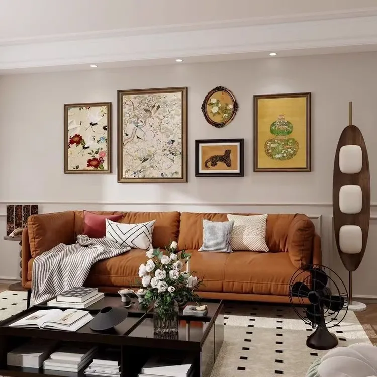 法式古风客厅装饰画美式沙发背景墙挂画招财顶流组合复古壁画油画