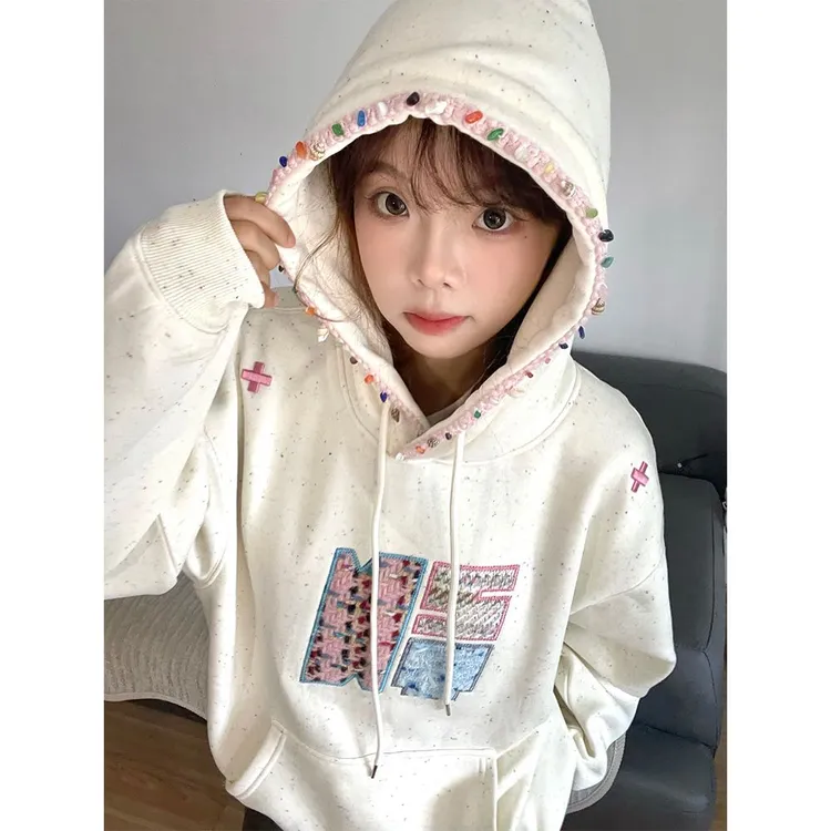 美式小香风贴布刺绣连帽卫衣秋冬季加绒入冬漂亮衣服高级炸街女装