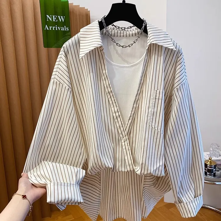 韩系减龄假两件条纹衬衫上衣女装早春新款叠穿百搭休闲衬衣气质潮