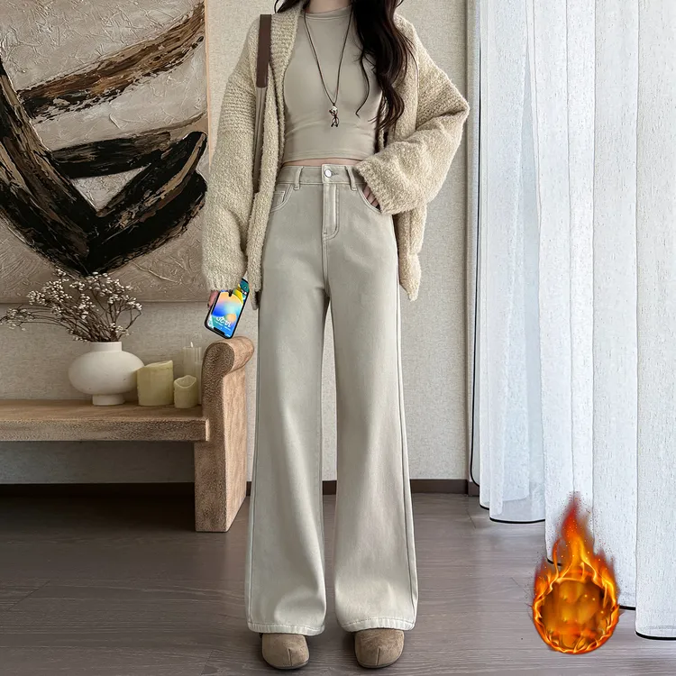 小个子加绒高腰小众高级感直筒时尚百搭显瘦个性浅卡其牛仔裤