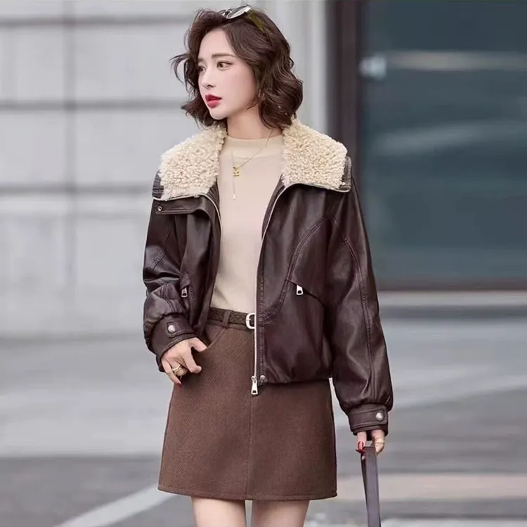 毛绒大翻领加绒加厚保暖皮衣外套女2025秋冬新款宽松显瘦上衣棉服