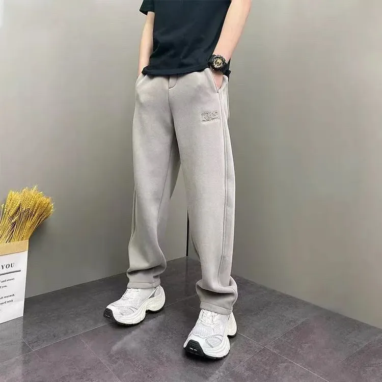 青年韩版潮流纯色加绒休闲裤2025冬季新款直筒裤加厚韩版运动卫裤