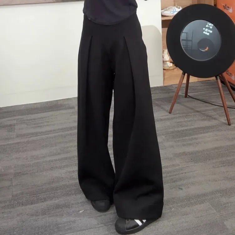 休闲裤女2025秋冬新款韩系穿搭设计感压褶拼接收腰显瘦直筒拖地裤