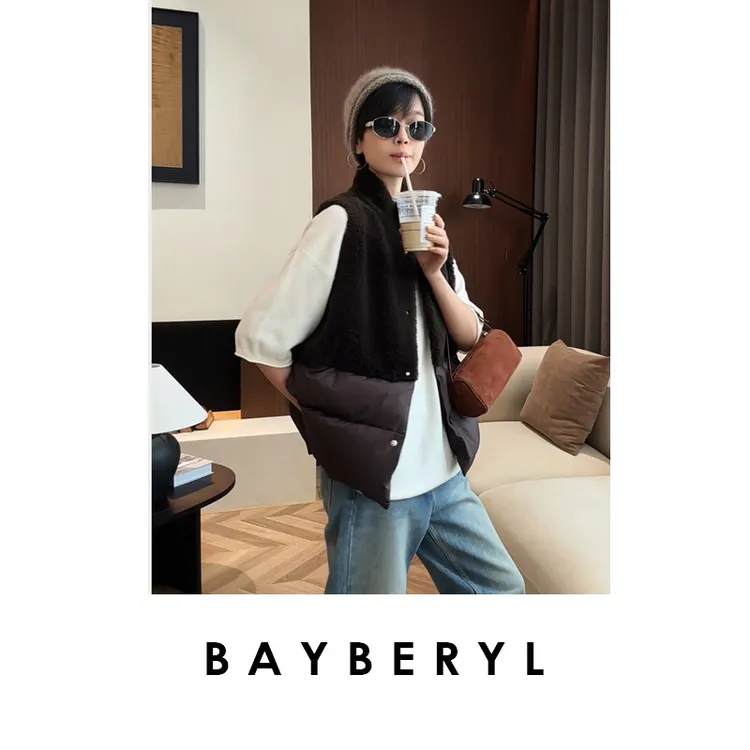 锁-BAYBERYL老贝拼接立领毛毛休闲秋冬百搭秋羽戎马甲YRF3G0805