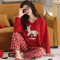 卡之恋睡衣女春秋季新款长袖纯棉红色小马萌趣家居服