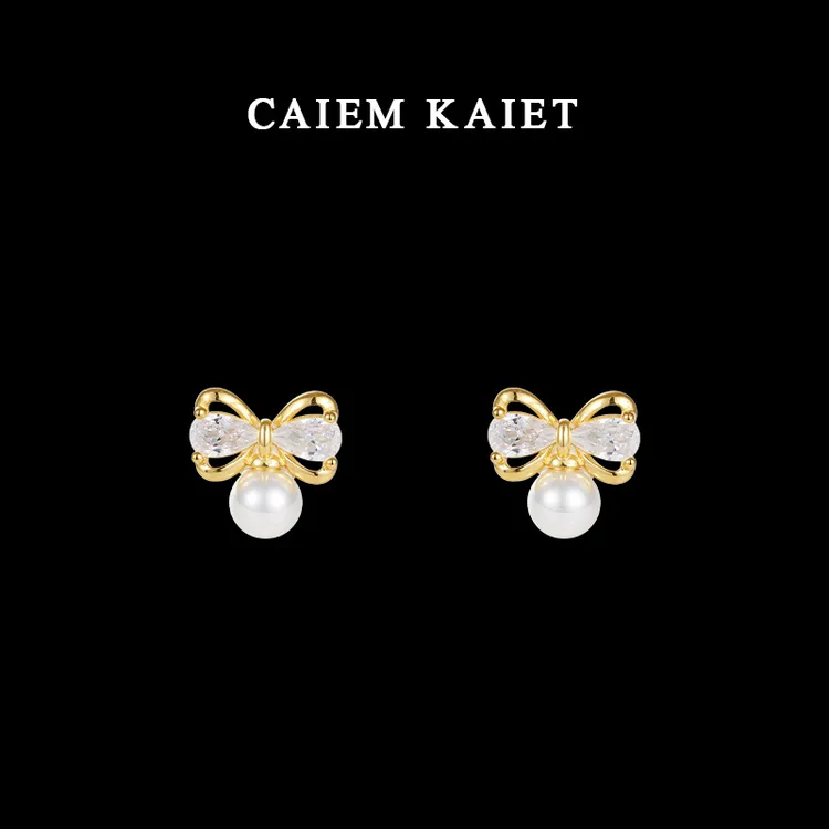 CAIEM KAIET 足银耳饰 S999纯银蝴蝶结锆石珍珠耳钉女高级感耳环