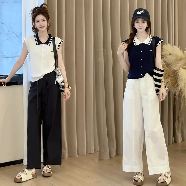 夏季撞色薄款正肩毛衣针织衫高腰窄版阔腿休闲裤子显瘦两件套装女