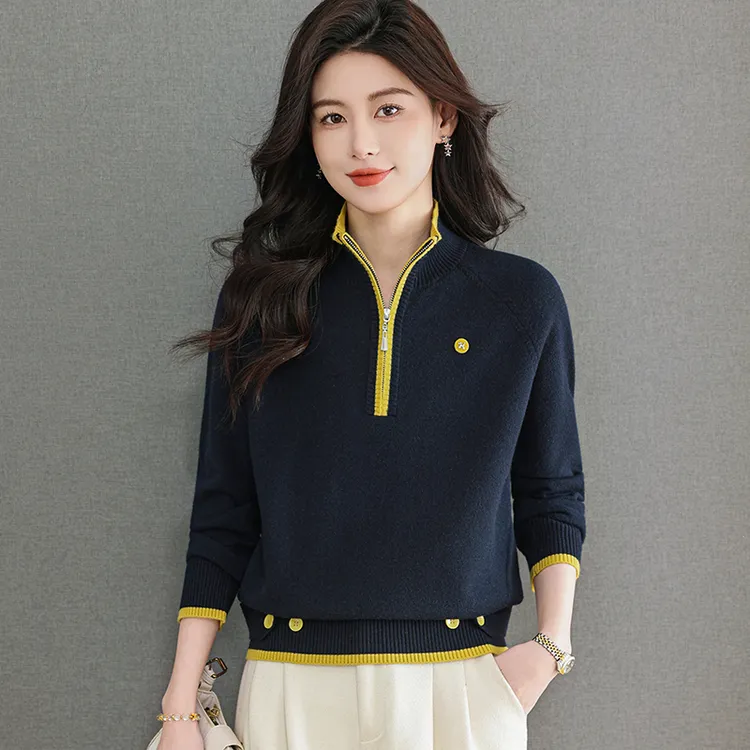 时尚品牌2025新款拼色拉链半开领落肩袖保暖针织衫通勤上衣