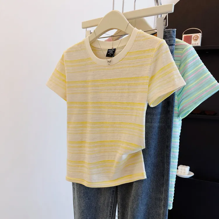 9159#新款洋气减龄条纹短袖T恤衫设计感撞色百搭显瘦女装上衣服夏