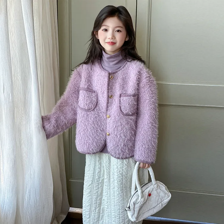 女童秋冬韩版外套2025新款儿童洋气小香风加厚毛呢大衣女孩冬装潮