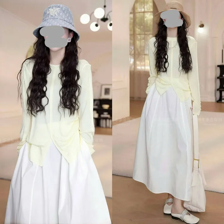 洋气衣服女夏季宽松显瘦纯色防晒长袖上衣T恤百搭半身裙气质套装