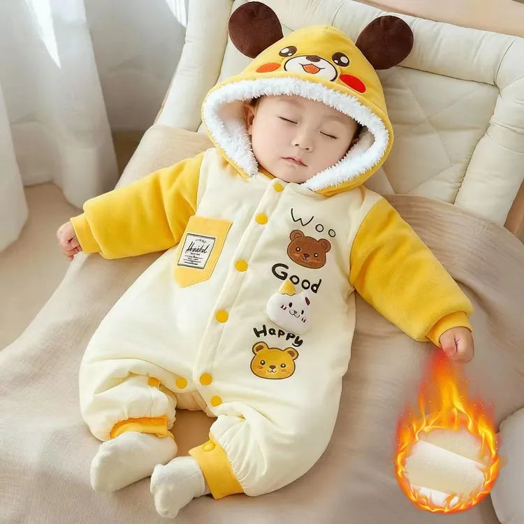 新生儿衣服婴儿连体衣秋冬加绒加厚保暖棉服带帽宝宝外出服哈衣