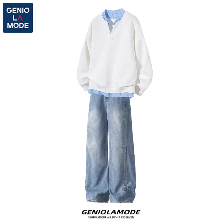 【敖瑞鹏代言】GENIOLAMODE假两件v领撞色卫衣运动潮流套装整套