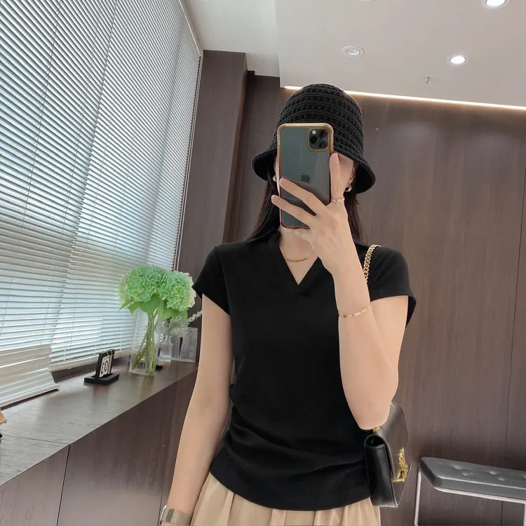 IMFLY金小金自制女装 T恤DYW9008纯色设计感抽褶收腰V领显瘦T恤
