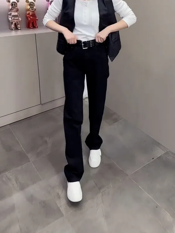 2025秋季新款弹力窄版直筒牛仔裤女胖mm大码高腰显瘦阔腿黑色长裤