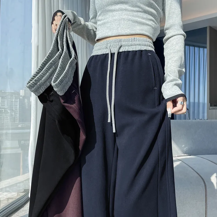 藏蓝色运动裤女秋冬加绒2025新款高腰宽松显瘦垂感休闲直筒阔腿裤
