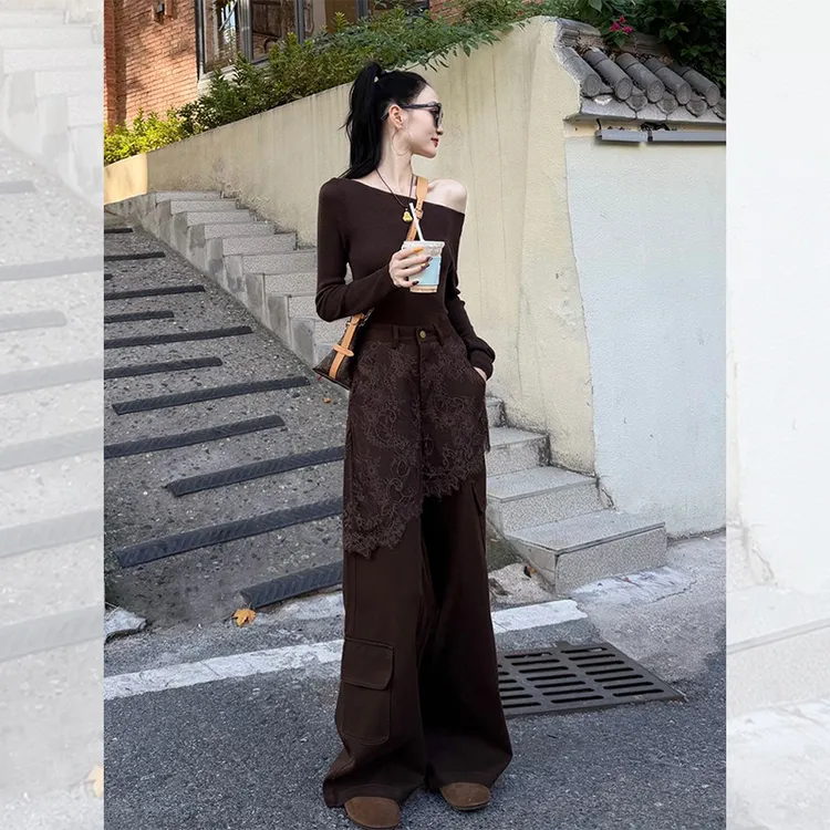 2025新款秋季穿搭ootd一整套小香风咖色马甲T恤阔腿裤两件套装女