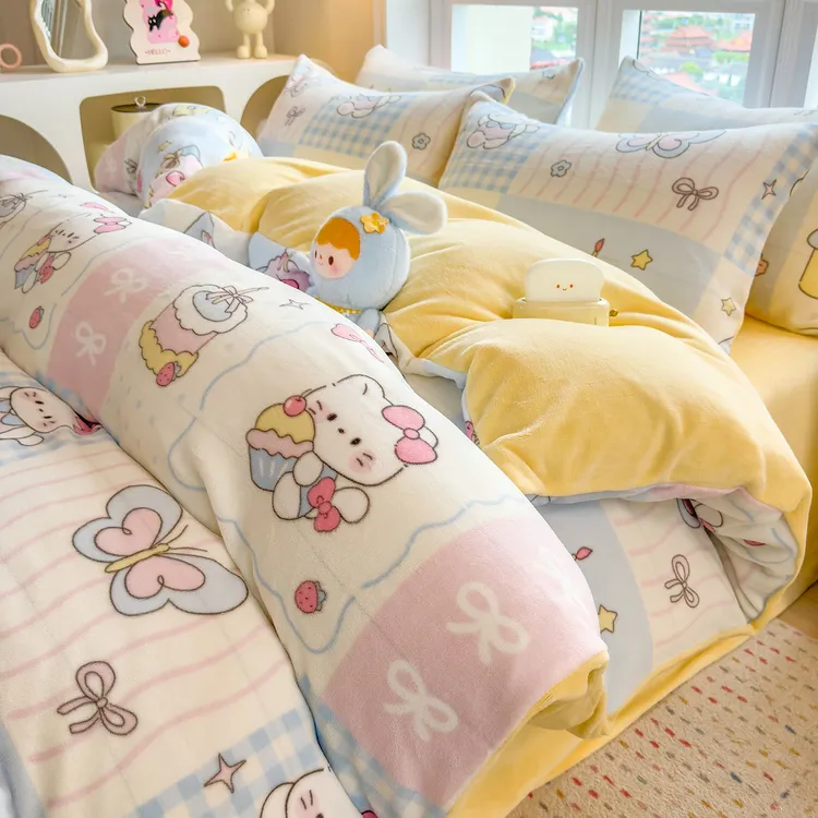 冬季牛奶绒四件套卡通印花学生宿舍单人床上三件套加厚加绒被套