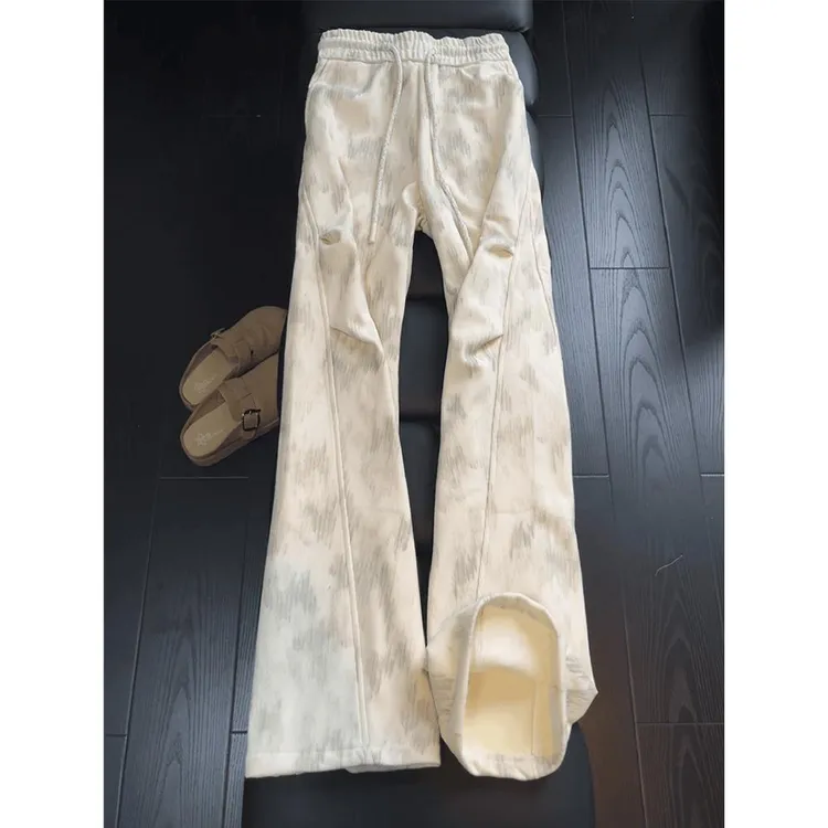 米色美式褶皱扎染卫裤男秋冬加绒加厚垂感直筒裤子宽松运动休闲裤