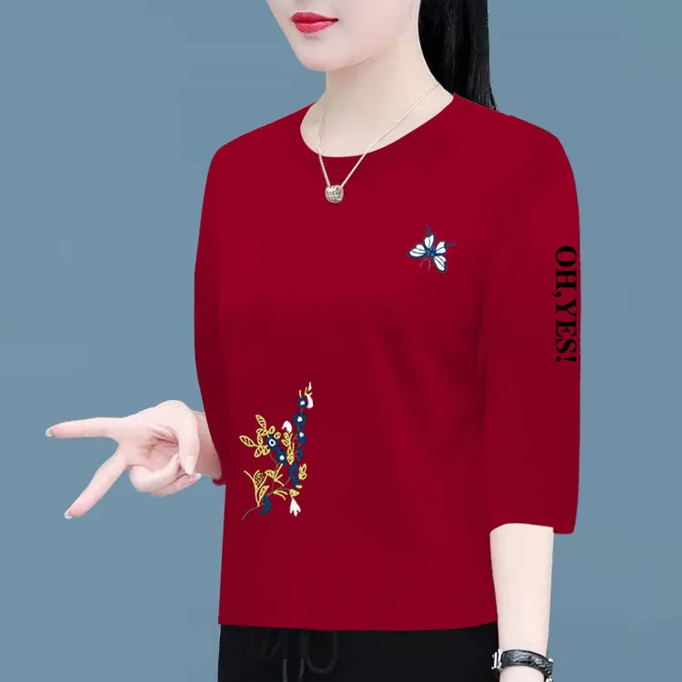 100%纯棉七分袖t恤女上衣女春秋新款时尚宽松显瘦遮肚不规则t恤衫