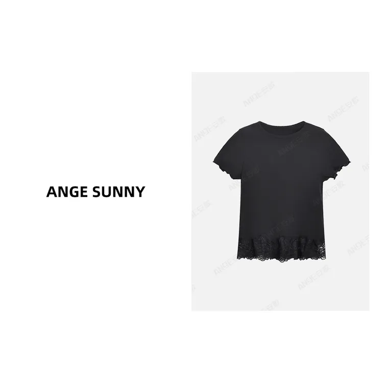 ANGE SUNNY【宋佳同款 蕾丝边针织T恤】下摆拼接圆领短袖上衣