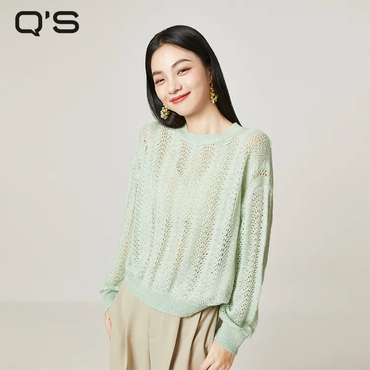 秸熙秋季新款气质慵懒风圆领套头针织衫宽松镂空长袖毛衣4AB926