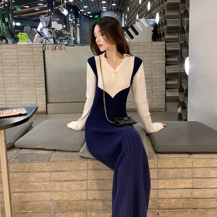 法式小香风针织连衣裙女秋冬气质显瘦高级感内搭打底长款毛衣裙子