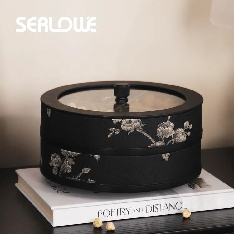 织锦缎白梅刺绣布艺糖果盒客厅茶几中古高级感干果年货瓜子收纳盘