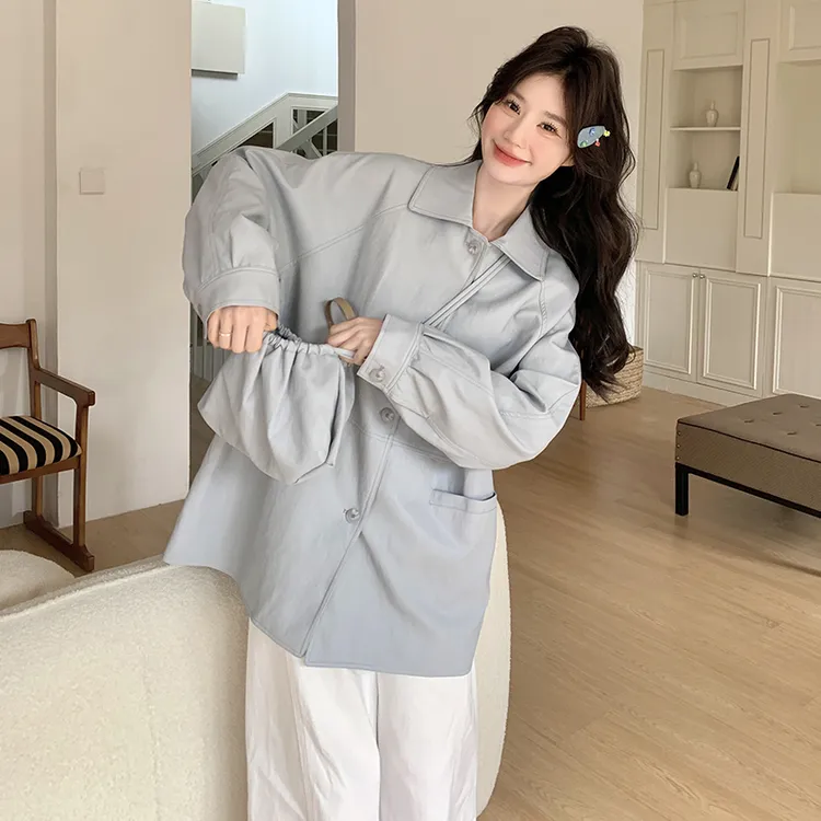 蓝色宽松翻领PU皮衣外套女春秋2025新款高级感减龄百搭显瘦上衣