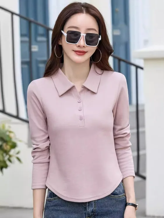 翻领纯色棉质T恤女长袖短款修身显瘦打底衫polo衫春秋冬新款上衣