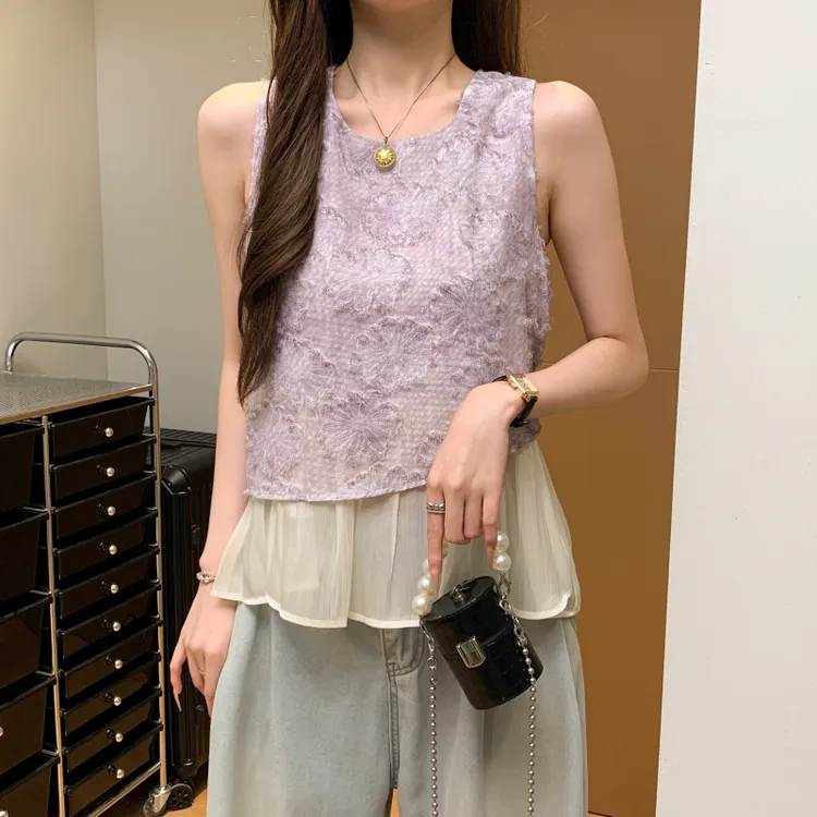 夏季新款薄款假两件拼接镂空无袖上衣女设计感坎肩背心外穿衬衫