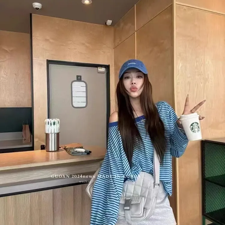 ins韩版2025夏季新款撞色斜肩条纹长袖T恤女薄款防晒罩衫上衣