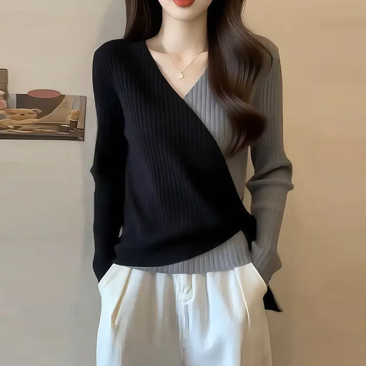 高级感撞色V领针织长袖T恤女2025秋冬新款大码胖mm不规则收腰上衣