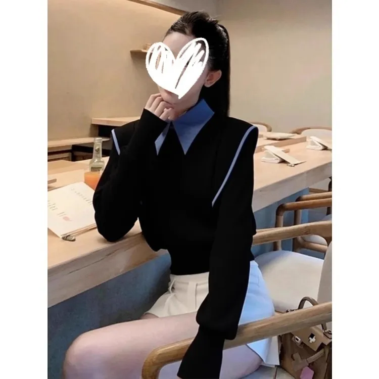 秋冬韩系穿搭上衣轻熟小众不撞款高级感独特漂亮宽松拼接翻领卫衣