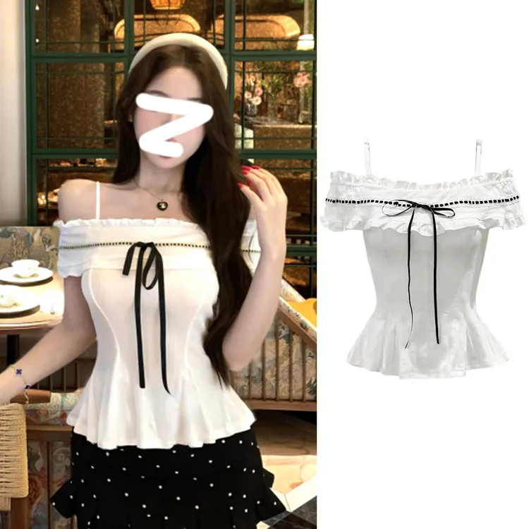 【栀子花之恋】法式浪漫露 肩慵懒设计感上衣女夏季一字肩显瘦短款