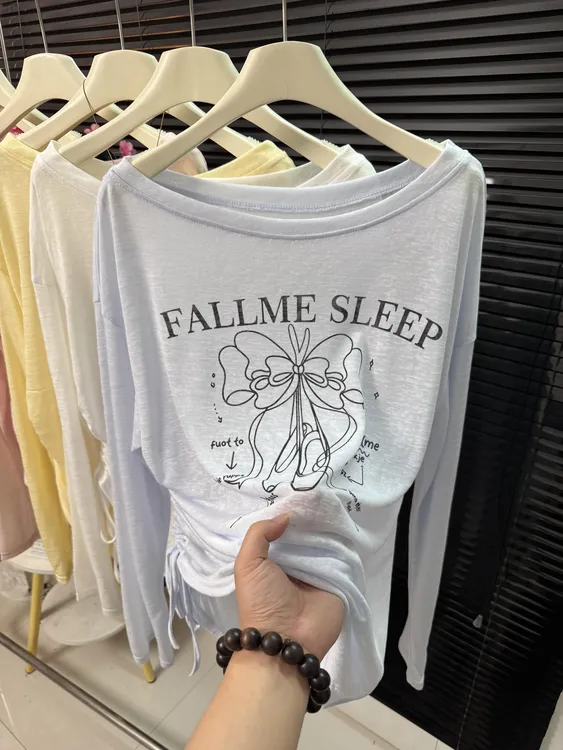 夏季可内搭吊带微透T恤女简约印花设计感抽褶防晒罩衫空调衫女生