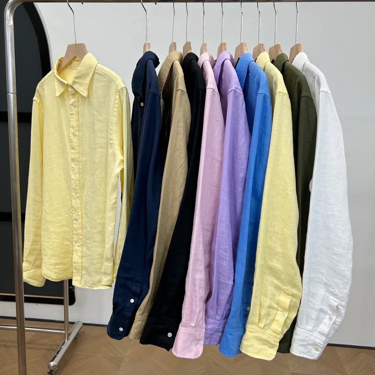 【正肩版不缩水】X-1983法国雨露麻小刺绣翻领衬衫亚麻衬衣水洗工艺