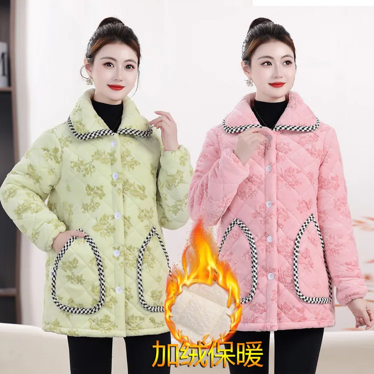 2025新款女士加厚保暖棉服翻领纽扣开衫宽松时尚棉衣大码外套罩衣