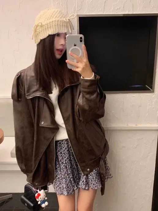 复古风皮衣宽松休闲显瘦夹克百搭春秋PU高级感皮衣外套女机车外套