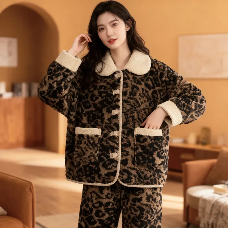 冬款翻领豹纹睡衣女舒棉绒秋冬天家居服加绒加厚保暖套装可外穿