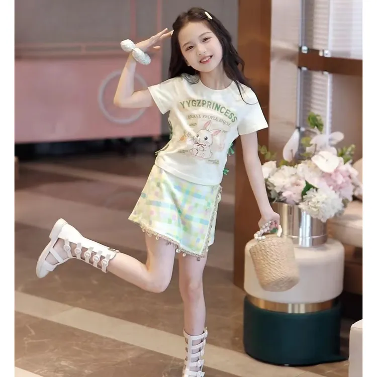女童套装2025夏季新品儿童中大童韩系卡通短袖T恤两件套童装批发