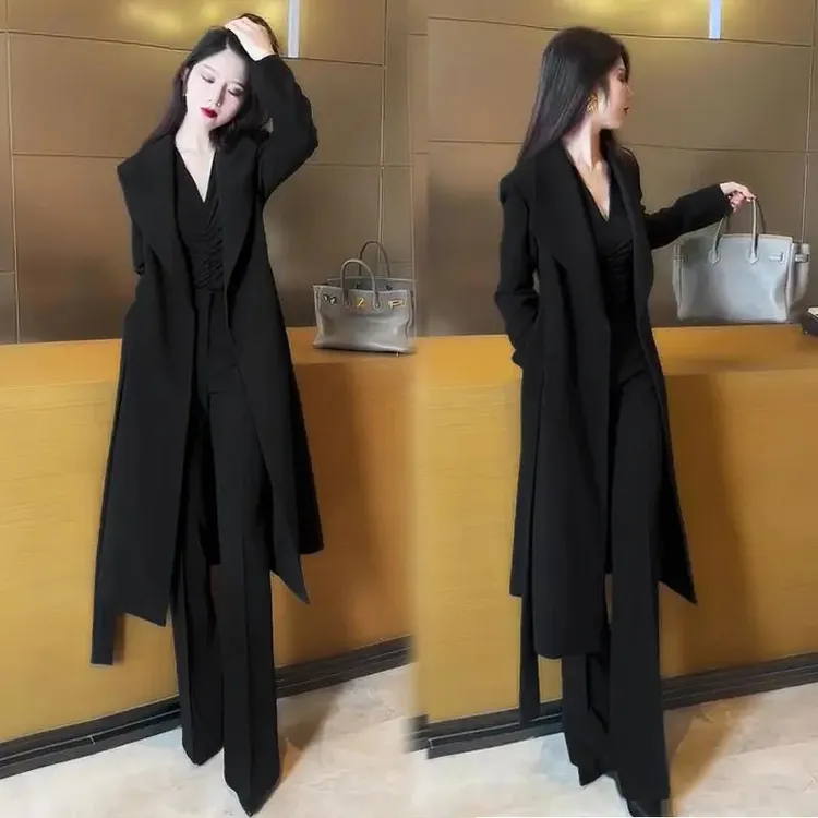 大码女装高级感洋气修身气质风衣胖mm中长款西装裤子套装200斤潮