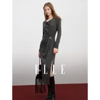 【ELLE】女装优雅长袖连衣裙2025秋新款收腰气质垂感长裙子EL52452