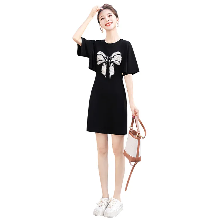 丝柏舍2025棉秋新款女装撞色蝴蝶结收腰短款钉珠连衣裙S41B0413L
