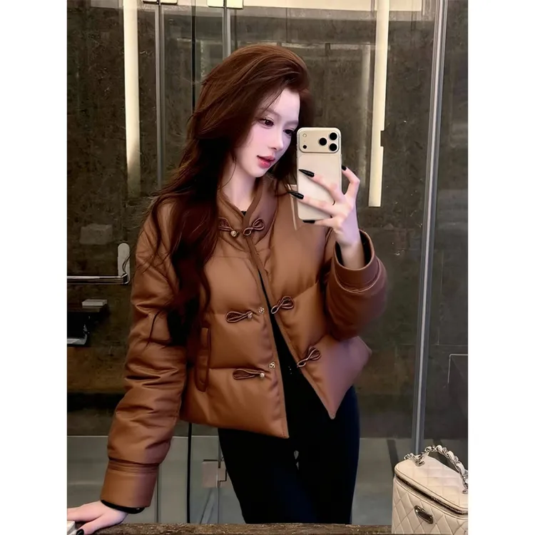 冬季棉服女款2025新款独特超好看新中式高级感轻熟咖色夹棉外套厚