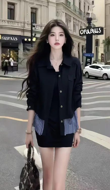 新款小众时尚休闲穿搭百搭长袖衬衫外套+黑色修身收腰包臀连衣裙