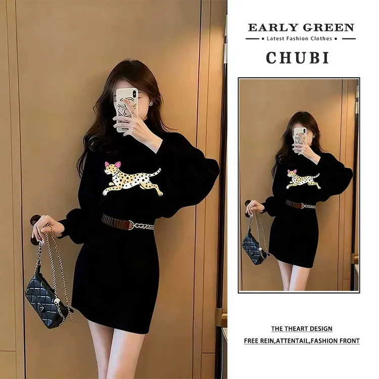 小香风黑色卡通印花连衣裙女2025秋冬新款小个子气质独特漂亮裙子